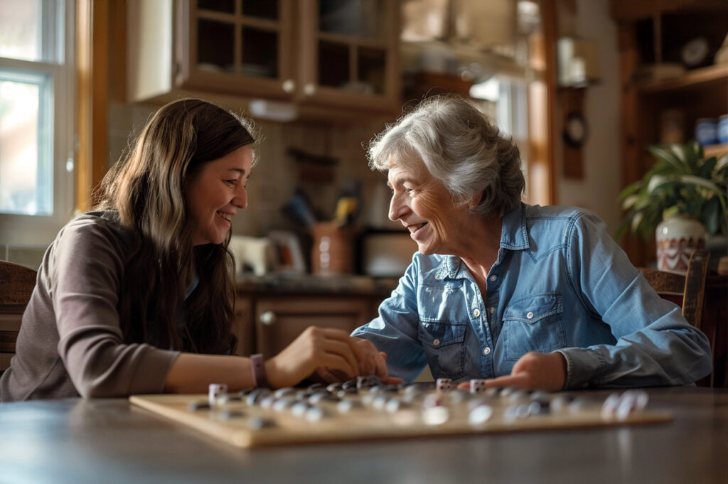 Compassionate caregiver providing supportive engagement for a client with Alzheimer's or dementia.