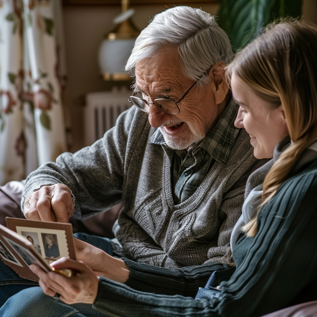 Compassionate caregiver providing supportive engagement for a client with Alzheimer's or dementia.