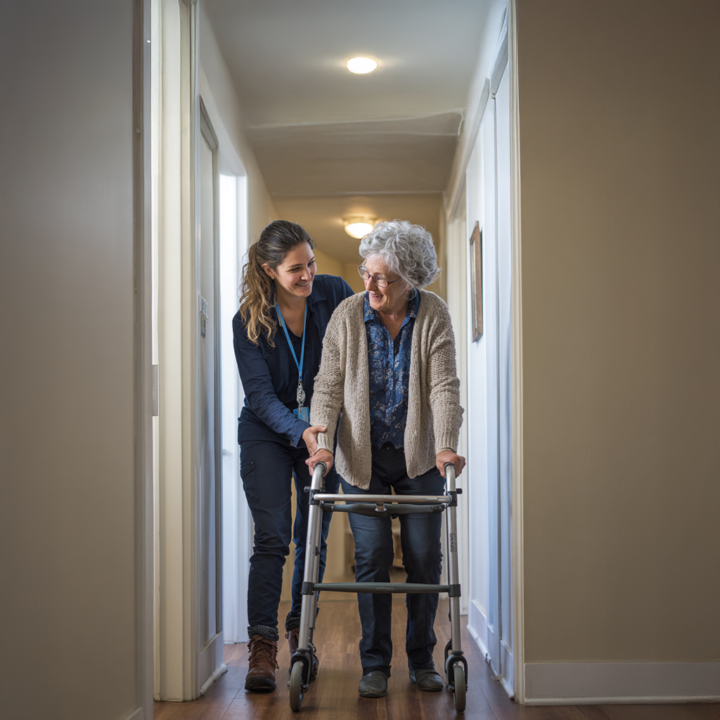 Professional caregiver assisting an elderly person with daily living tasks in the Greater Toronto Area.