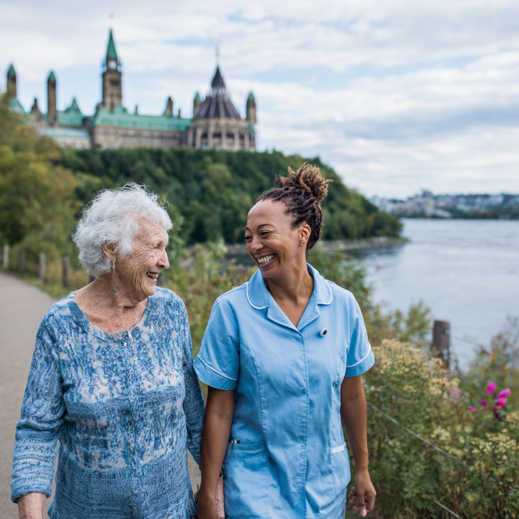 Caregiver and senior citizen enjoying companionship and social engagement in Ottawa, Ontario.