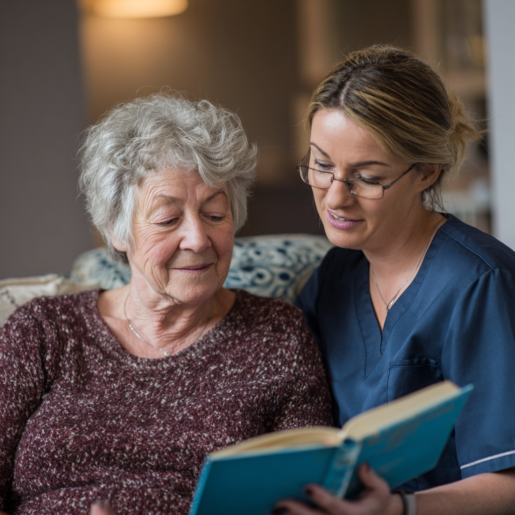 Caregiver reading a book to a happy elderly woman