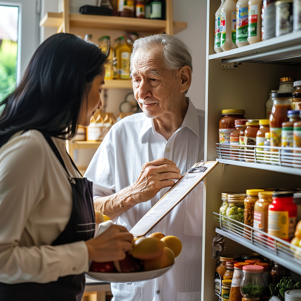 Caregiver assisting a senior with meal preparation and organizing a healthy diet in the kitchen.