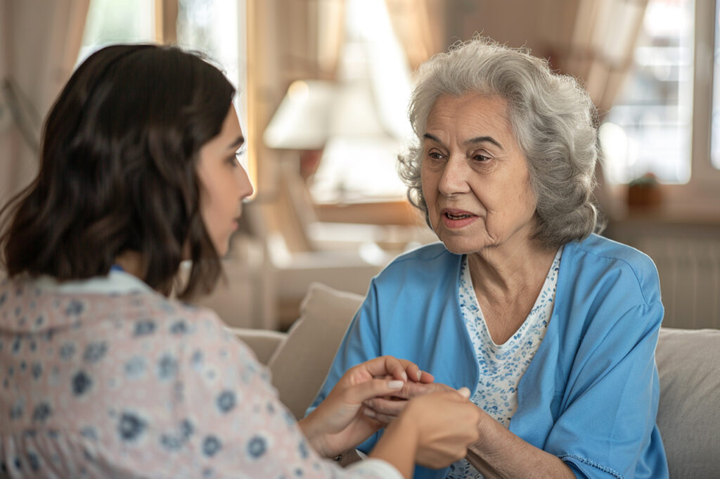 Compassionate caregiver providing supportive memory care for a client with dementia in Ontario.
