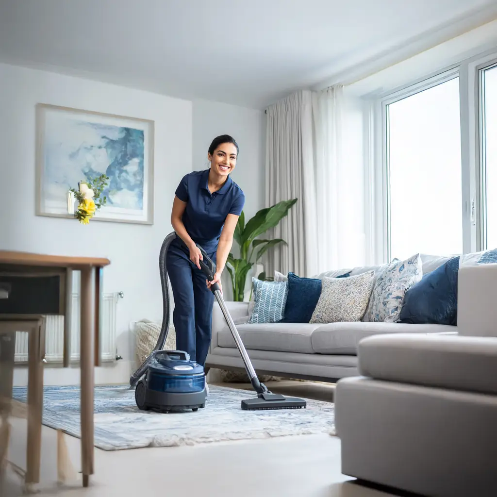cleaning services in Toronto, Professional EverTrust Care cleaner vacuuming a bright, organized living room for a senior client in Ontario.